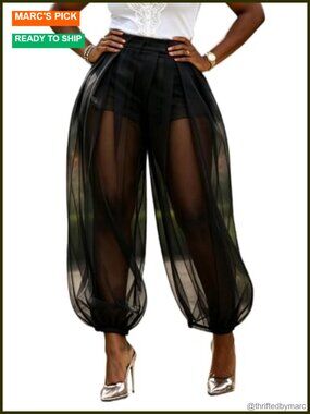 Sheer Tulle Mesh Balloon Pants High Waist Pleated Wide Leg Harem Trousers with
